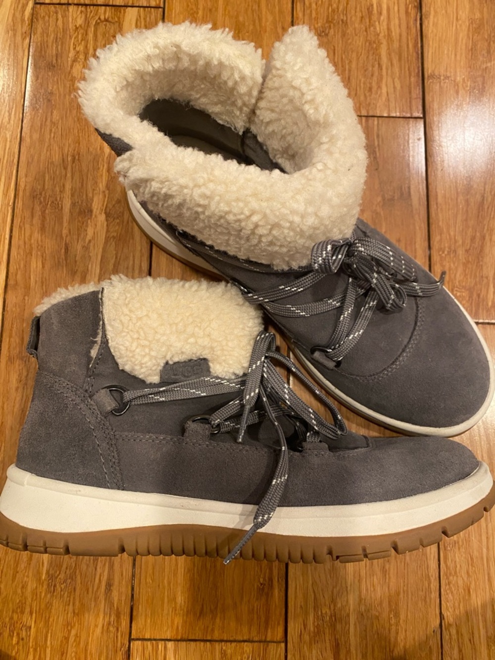 UGG Women’s Lakesider Gray Suede Shearling-Trim Hiking Boot